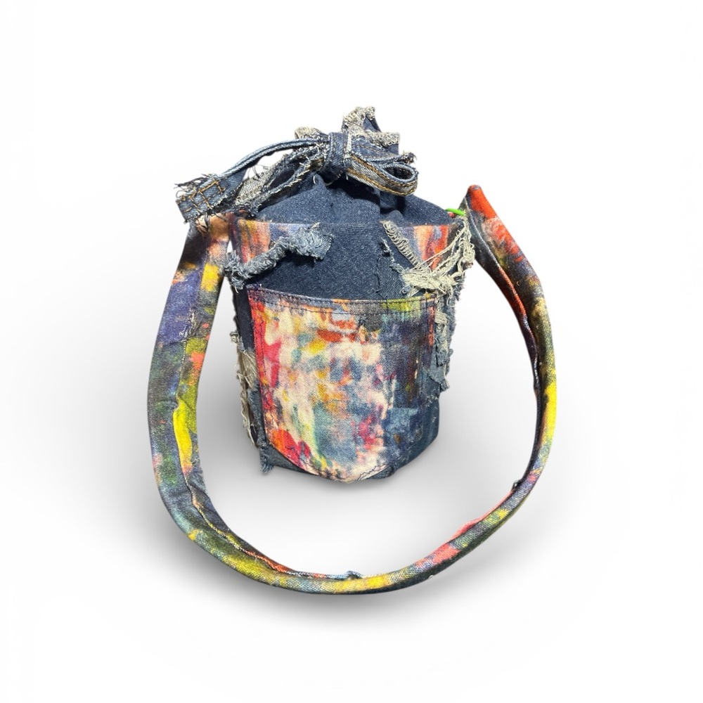 Upcycle custom made Colorful Denim Bucket Bag medium size